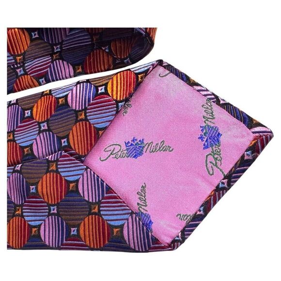 Silk Necktie Circles Squares Abstract Geometric Pattern Business Casual Stylish - Picture 4 of 4